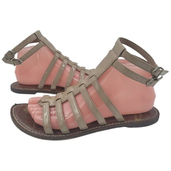 Sam Edelman Gilda Faux Patent Leather Taupe Gladiator Flat Sandals Size 8.5M - Picture 1 of 10